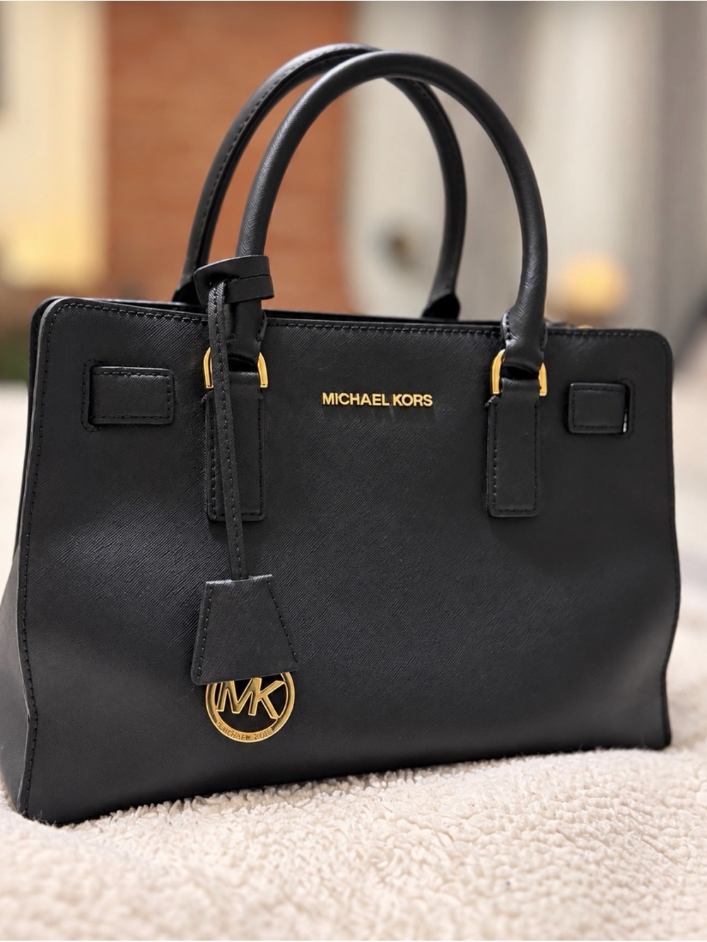 Michael Kors Black Leather Satchel with Gold Hardware